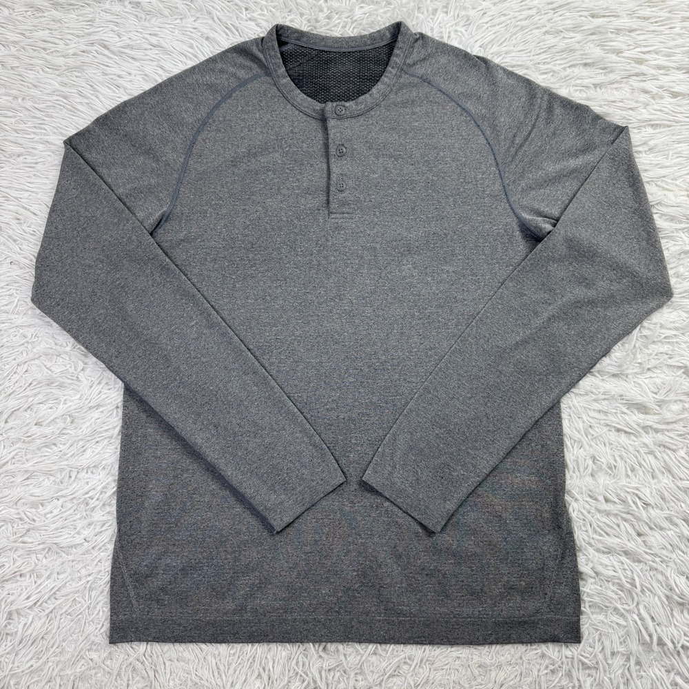 Lululemon Shirt Mens Medium Gray Metal Vent Tech Long Sleeve Henley 2.0 Seamless